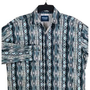 Wrangler Western Shirt Pearl Snap Mens L White Blue Green Aztec Tribal Print LS